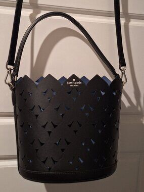 Kate Spade Small Bucket Bag Floral Cutouts Blue Lining Drawstring